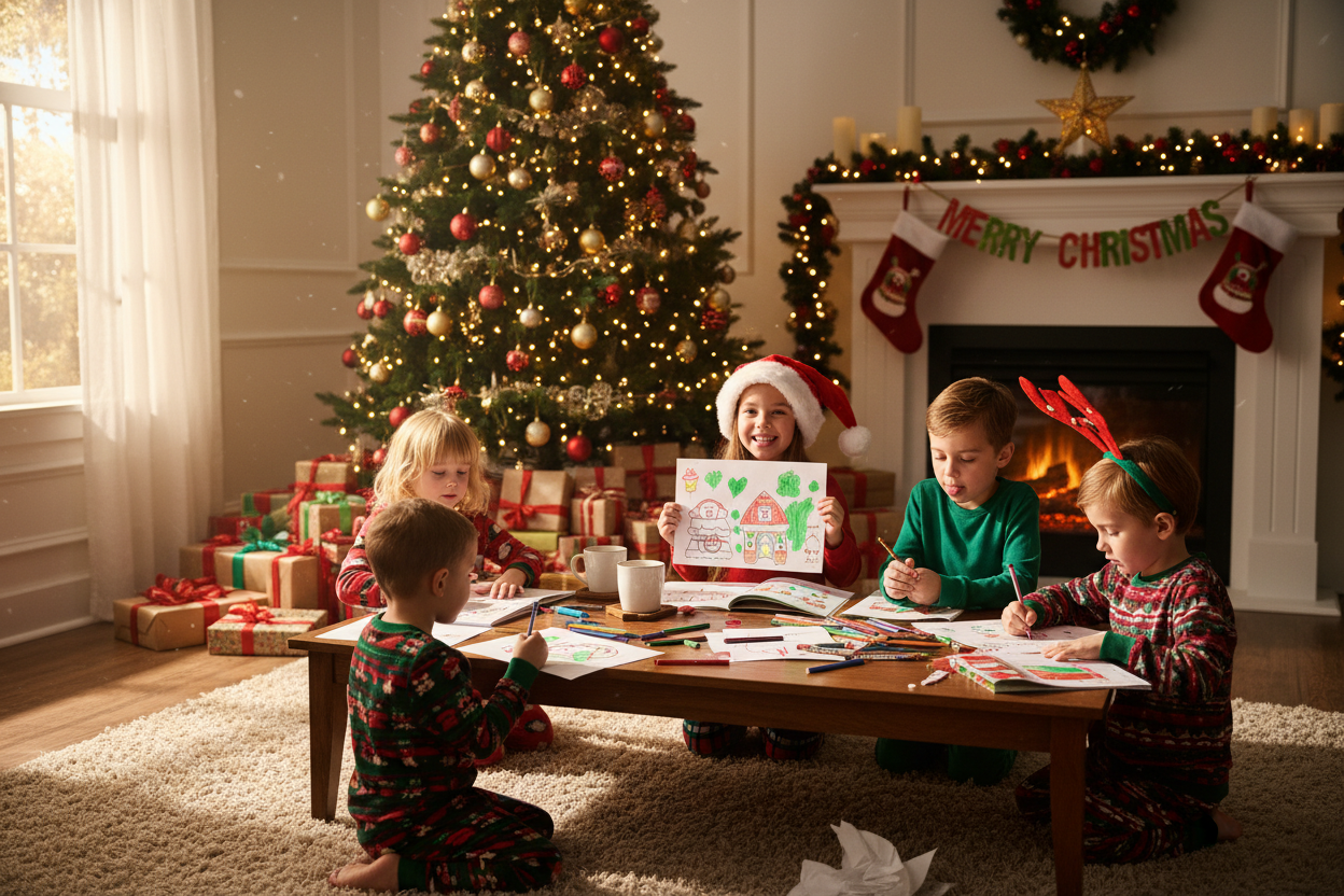 kids coloring on christmas day